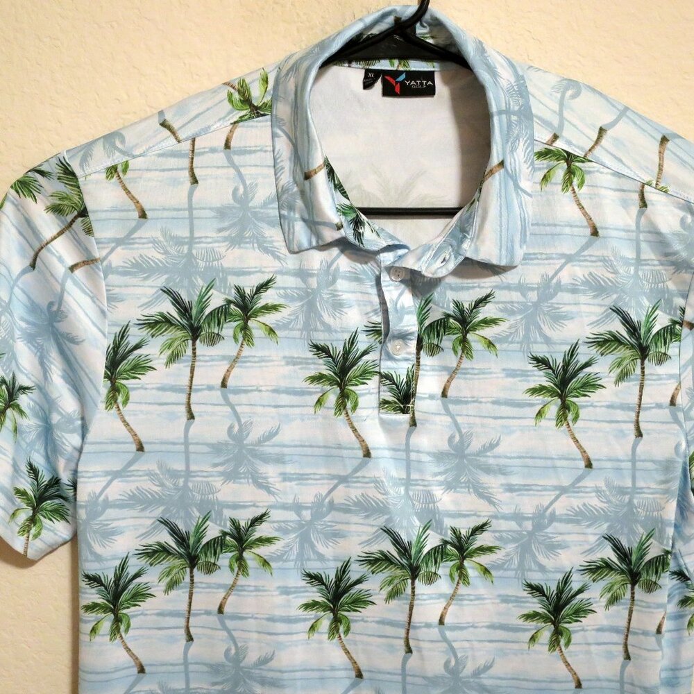 Yatta Shirt Mens XL Short Sleeve Golf Performance Polo Blue Palm Tree